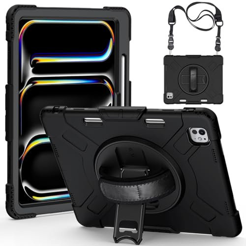 Hülle für Neues iPad Pro 13 (2024 Modell, 7th Generation), Militärische Stoßfeste Robust Panzerhülle 360 Grad Drehbarer Ständer & Handschlaufe, Stifthalter