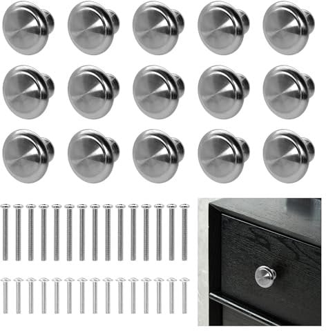 15PCS Cabinet Door Knobs, 27mm Silver Round Brushed Metal Knobs, Drawer Pull Handle with 30 Long Short Screws for Cabinets, Drawers, Wardrobes, and Kitchen Cupboards Furniture