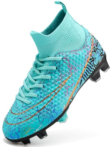 PiDaGlobal Boys Football Boots Kids Girls Firm Ground Soccer Shoe Astro Turf Trainers Athletics Sport Shoes Teenager Profession Competition Indoor Outdoor Club Sneaker Unisex 2UK Turquoise