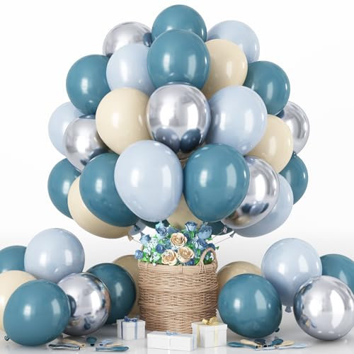 Dusty Blue Balloon Set, 60Pcs 12 Inch Retro Baby Slate Blue Ivory White Metallic Silver Balloons Birthday Decor, Pastel Beige Cream Ocean Balloon for Bridal Wedding Gender Reveal Party Decorations