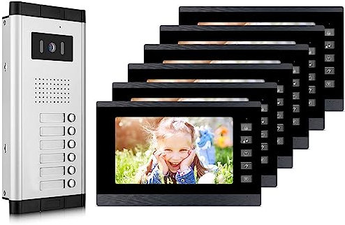 Video Intercom Entry System for 6 Units Apartment - Wired 7 inches LCD Monitor Video Door Phone Doorbell, Support Monitoring, Dual Way Door Intercom