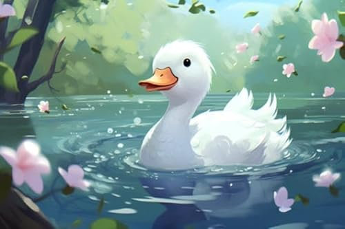 Acryl-Bild 50 x 30 cm: Illustration eines weißen Schwans, der in einem See mit Blumen schwimmt (212869242)