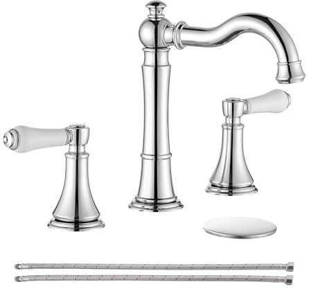 Roffenny Badarmatur aus poliertem Chrom, traditioneller Porzellangriff, 20,3 cm, breite Badezimmer-Armaturen für Waschbecken, 3 Löcher, 20,3 cm breiter Waschtischarmatur, mit 2