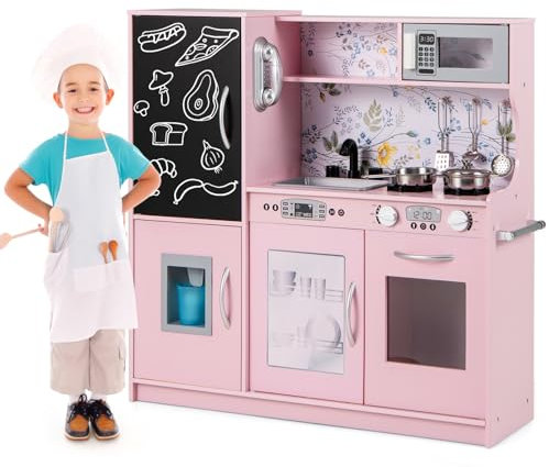 COSTWAY Cocina de Juguete de Madera, Cocinita Infantil con Pizarra, Teléfono, Microondas, Fabricador de Hielo, Lavavajillas, Horno y Sonidos Simulados para Niños y Niñas de 3 a 6 Años (Rosa Claro)