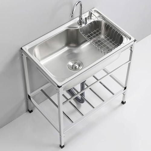 Évier Commercial en Acier Inoxydable,Meuble Evier INOX Cuisine Lave Bac, Indépendant Jardin Lavabo avec Robinet, Pieds Réglables, Éviers De Salle De Bains,Lavabo Utilitaire avec Accessoires
