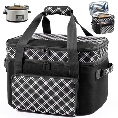 Double Layer Slow Cooker Carrier Bag – Fits 6–8 Qt Oval Slow Cooker Compatible with CrockPot & Hamilton Beach | Insulated Travel Tote with Utensil Storage & Adjustable Straps