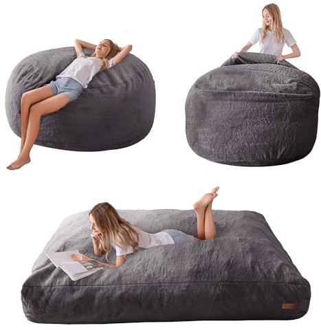 MAXYOYO Sitzsack-Bett – umwandelbar von Sitzsack-Sessel zu Bett – Schaumstoff-Sofa mit zotteligem Bezug und Flauschiger Füllung für Erwachsene, Jugendliche, Gäste (Anthrazit, 150x200 cm)