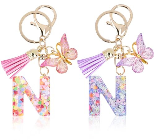 Mulaibdin 2 Pièces Porte Clef Personnalisable, Porte Clef Femme Original Chic, Porte Clef Lettre Simple, Idee Cadeau pour Femme Maman, Papillon Porte Clés Initial pour Voiture,Moto,Sac (N)