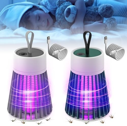 Gobesty Insektenvernichter Elektrisch, 2 Stück Mückenvernichter Lampe, Fliegenfalle Elektrisch USB mit Reinigungsbürste, Tragbare Mozz Guard Mosquito Zapper für Zuhause, Camping, Picknick (Grün+Grau)