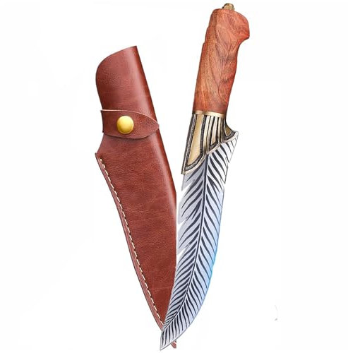oFzimTo Japanisches Kochmesser mit Lederhülle, Professionelles Ausbeinmesser Feder-Design, Scharfes Küchenmesser, Original Wikinger Messer, Hartholzgriff mit Kupfer – Leicht/korrosionsbeständig