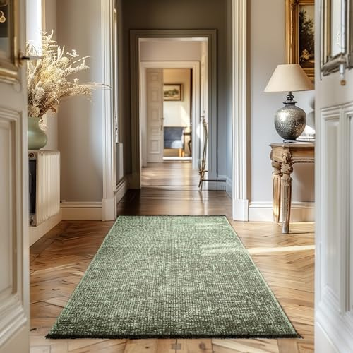 Teppium, Baumwolle Chenille Teppich Läufer Grün 80x150 cm Waschbar, Boho-Stil, Vintage Kelim, Kurzflor, rutschfest & Weich, Einfarbig Meliert, Für Küche, Schlafzimmer & Flur