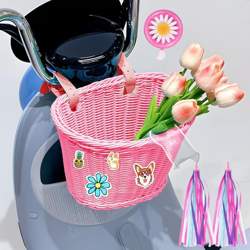 POWZOO Fahrradkorb Kinder,Abnehmbar Fahrradkorb aus Rattan mit Lederriemen,mit Glocken und Luftschlangen, Aufkleber,Fahrrad Korb Zubehör,Bike Basket Front Kids für Jungen Mädchen Radfahren.
