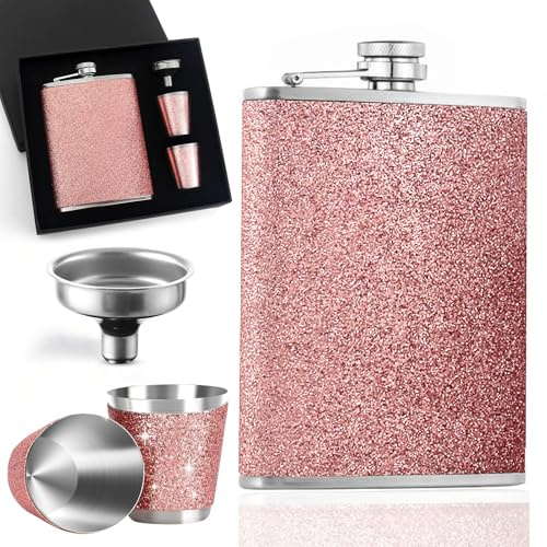 Mafagwre Flachmann Edelstahl Und Trichter, 8oz Hip Flask Mit 2 Pinnchen, Rosa Flachmann Aus Edelstahl, Flachmann Aus Edelstahl Für Damen, Mini Flachmann, Tragb Edelstahl Whiskeyflasche (A)