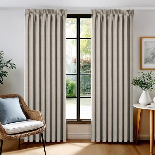 Deconovo Leinen Verdunklungsvorhang mit Kräuselband, 100% Blickdicht, Thermo & Schallschutz, Leinenoptik Blackout Gardine für Wohnzimmer, H245 x B140 cm, Dunkel Leinen, 2er Set