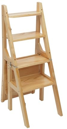 WooDerson Escabeau pliable à 4 marches - En bois massif - Échelle pliable - Support de fleurs multifonction et tabouret pliant - Charge maximale : 100 kg (couleur bois)