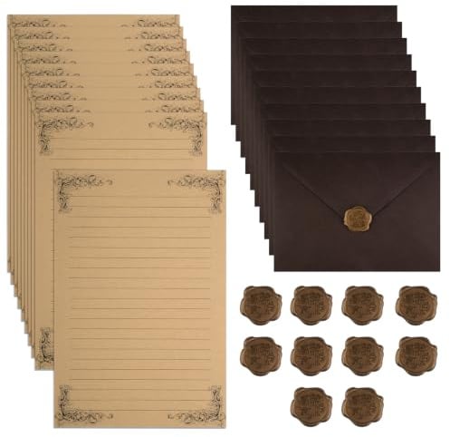 30 Stück Vintage Briefpapier mit Umschlag für Liebesbrief, Einladung | Schönes Set,10 Kraftpapier Briefumschläge,10 A5 Papier Liniert, 10 Wachssiegel-Aufkleber,für Hochzeit,Geburtstag,Weihnachten