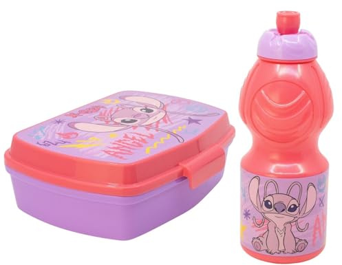 Disney Stitch Angel Lunch Set 2-TLG. – Brotdose + Trinkflasche 400 ml – Kinder Pausen-Set im Rosa/Lila Design – Offizielles Lizenzprodukt – Ideal für Kindergarten, Schule, Ausflug