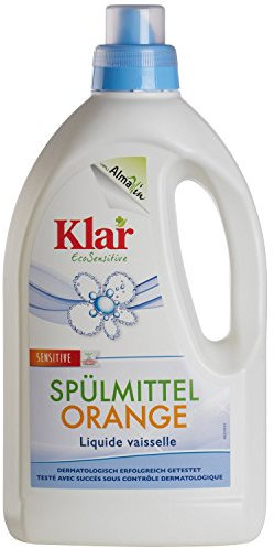 Klar Spülmittel Bio mit Orangenduft 1,5l – Kraftvolles Geschirrspülmittel flüssig mit hoher Fettlösekraft – Hautfreundliches Spüli Konzentrat in recycelter Flasche – Vegan Dish Soap