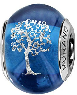 Thabora Charms Coulissant Argent rhodié (Argent 925‰ + Protection Rhodium) Murano Bleu Symbole Arbre de Vie + suédine (Offerte) + Certificat d'Authenticité Argent 925‰