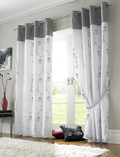 Tahiti Lined Organza Voile Embroidered Eyelet Curtains Silver (56-Inch x 72-Inch)