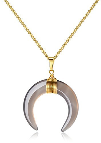 COAI Geschenkideen Mond Doppelhorn Anhänger aus Achat Grau Amulett Halskette Box-Chain-Kette für Damen und Herren