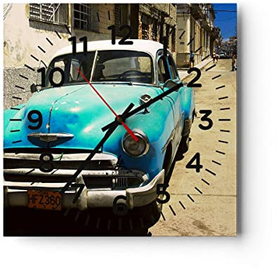 Modern Wanduhr Auto Klassiker Kuba Havanna 40x40cm Quadrat Groß Wand Uhr Glas Analog Zimmeruhren Küche Büro Wohnzimmer Glasuhr Wall Clock Dekoration Design Wanddekoration Küchenuhr C4AC40x40-1401