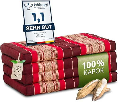 livasia Nachhaltige Klappmatratze aus Kapok - 200x80x8cm - Gästematratze, Faltbare Matratze für Van, ökologische Yogamatte, klappbares Gästebett, Liege für Garten und Balkon (Rubinrot)