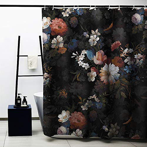 Obal Botanical Garden Duschvorhang, orange Blaue rote Blüten Schwarze Hintergrundbadvorhänge wasserfestes schweres Gewicht mit Vorhanghaken waschbar (71 Zoll x 71 Zoll)