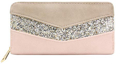 CRAZYCHIC - Portefeuille Paillettes Grande Capacité Femme - Compagnon Porte-Monnaie Long Bande Strass Brillant Cuir PU Multicolore - Plusieurs Compartiments Cartes - Tendance Mode - Rose Nude