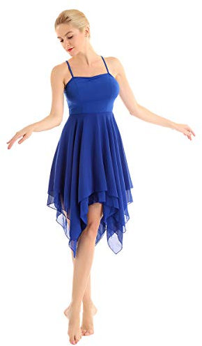 dPois Damen Tanzkleid Ballett Kleid Ärmellos aus Chiffon Swing mit Spaghettiträger Asymmetrische Tanzkostüme Latein Rumba Tango Kleid Ballsaal Dancewear Blau Small