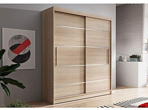 MOEBLO Kleiderschrank Schwebetürenschrank 2-türig Schrank mit vielen Einlegeböden und Kleiderstange Gaderobe Schiebtüren BxHxT 120x200x61 - NOAH 6 (Sonoma + Sonoma)