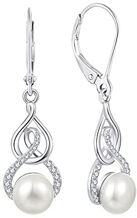 JO WISDOM Ohrringe Hängende Unendlichkeit Silber 925,Perlenohrringe Damen mit 3A Zirkonia mit 8mm Süßwasserperle,Schmuck für Frauen