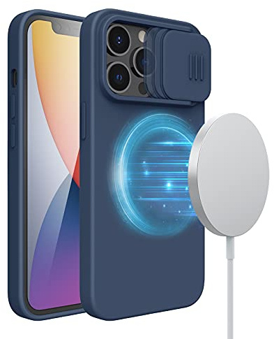 Nillkin Liquid Silicone Case Designed for iPhone 13 Pro Case, Slide Camera Cover, Magnetic Case Compatible with MagSafe, Shockproof Protective Case with Soft Microfiber Lining 6.1 inch, Blue
