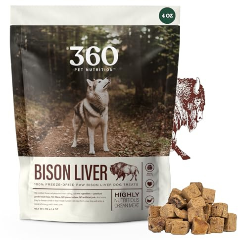 360 Pet Nutrition Freeze-Dried Raw Bison Liver Dog Treats – Single Ingredient, High Protein, Grain-Free, All-Natural Training Snacks, Made in USA, 4 oz