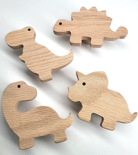PLT Dinosaurier Wandhaken aus unbehandeltem Eichenholz (Tyrannosaurus Brachiosaurus Stegosaurus Triceratops) Dinos Garderobe Eingangsbereich Kleiderhaken Kinderzimmer Flur Geschenk