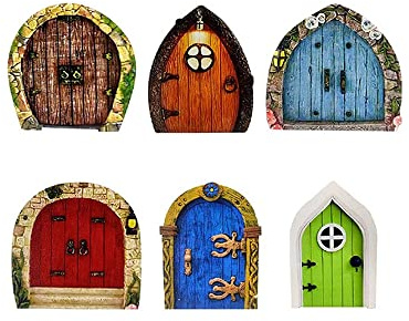 SEIWEI 6 Stück Miniatur Feentür Wichteltür, Feengarten Kunstskulptur Dekoration aus Holz Feengarten Zubehör für Kinder