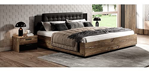 Lomadox 180er Bett inkl. Lattenrost mit 2 Nachtkonsolen in Flagstaf Eiche dunkel Nb. und Silber, kombiniert mit schwarz, B/H/T: ca. 288/90/205 cm