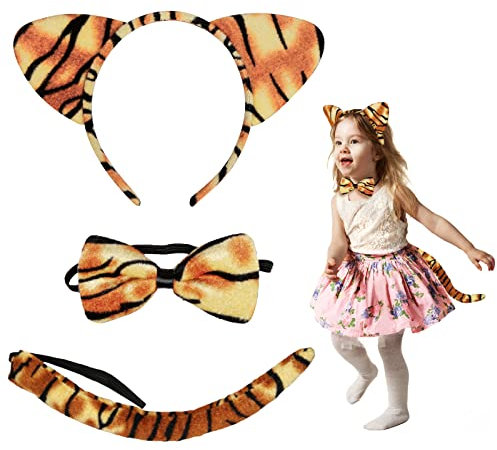 Fennoral 3tlg Tiger Kinderkostüm Tigerohren Stirnband mit Schwanz Fliege Waldtiere Königstiger Cosplay für Kindergeburtstag Dschungel Karneval Halloween Fasching Party Gefallen