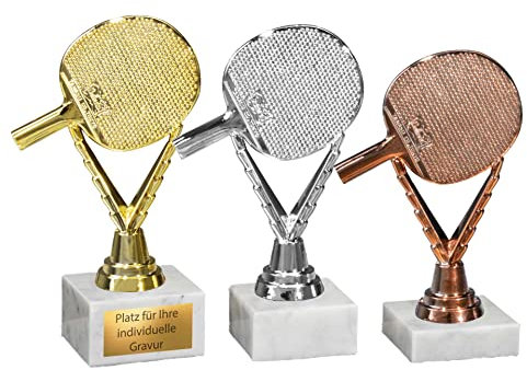 eberin · Tischtennis Pokal mit Wunschgravur · Tischtennisschläger Gold/Silber/Bronze auf Marmorsockel weiß · Tischtennisturnier Pokal in 3 Größen erhätlich (Silber 17,5 cm)