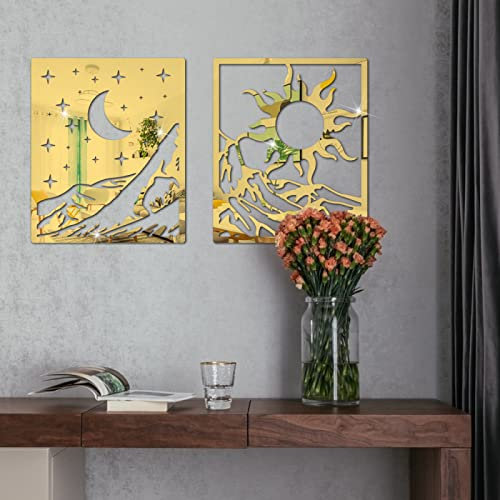 Spiegelfliesen Selbstklebend Sonne Mond Gold Spiegelfliesen Acrylic Klebespiegel DIY Dekorieren Spiegel Selbstklebend Wandtattoo Wohnzimmer Schlafzimmer Badezimmer 25x30cm/2 Pcs