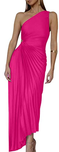 Minetom Robe de Soirée Femme Elegante Une Épaule sans Manches Plissée Party Cérémonie Mariage Demoiselle d'honneur Maxi Robe Longue Rose Vif M
