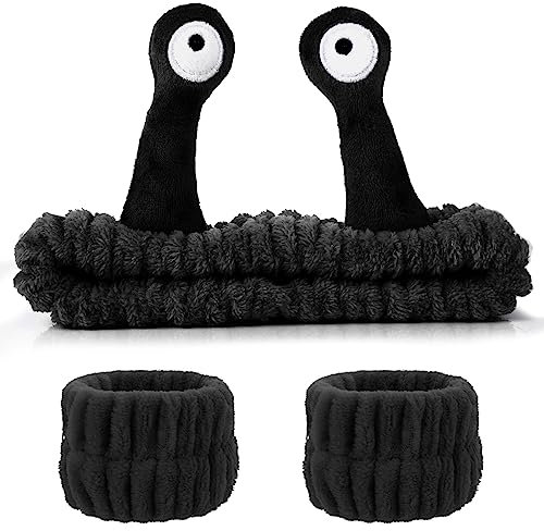 WLLHYF Spa Bandeau Nettoyant Visage Bracelet Ensemble Maquillage Head Band Escargot Coral Fleece Hair Band Skincare Hairband Élastique Creative Mignon Cheveux Accessoires pour Femmes Filles (Noir)