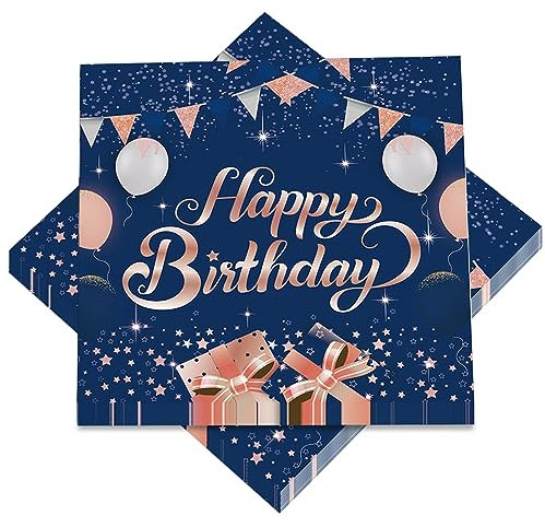 Servietten Geburtstag, 40Stück Servietten Happy Birthday Blau Rosa Gold Geburtstagsservietten, Einweg Papierservietten Geburtstag Party Tischdeko für Mädchen Junge Männer Frauen