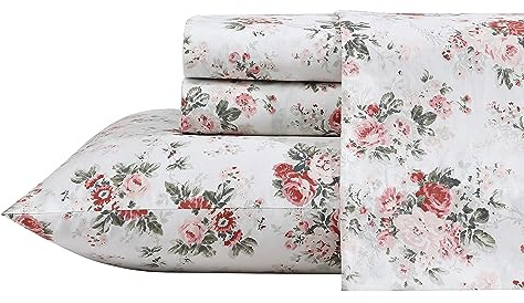 Laura Ashley - Twin Sheets, Cotton Percale Bedding Set, Lightweight & Breathable Home Decor (Ashfield Pink, Twin)