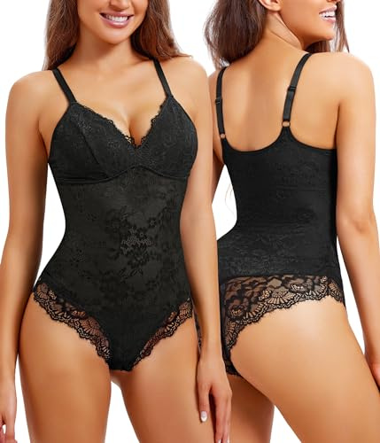 REYEOGO Lace Shapewear Bodysuit for Women Tummy Control Body Shaper V Neck Fajas Tank Tops Slimming Camisole Waist Trainer Corset (Medium, Black)