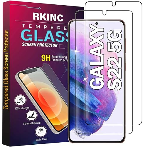 RKINC Lot de 2 films de protection d'écran en verre trempé pour Samsung Galaxy S22 5G, 0,33 mm, déverrouillage d'empreintes digitales, anti-rayures, sans bulles