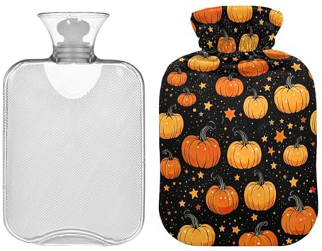 Orange Pumpkins with Stars Hot Water Bottle with Soft Cover 1L Transparent Hot Water Bags Hot Water Bed Warmer for Menstrual Cramps, Neck and Shoulder Pain Relief