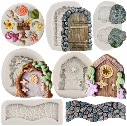 MYPRACS Set di 6 stampi in silicone a forma di gnomo fatato incantato per la porta di casa, fiori, foglie, funghi, fondente, pietre, percorso, caramelle, decorazione per torte, topper per cupcake,