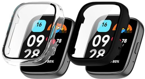 2 Piezas Funda Protector para Xiaomi Redmi Watch 3 Active (No para Redmi Watch 3), Incluye Protector de Pantalla de Cristal Templado, Carcasa Dura Anti-arañazos (Transparente+Negra)