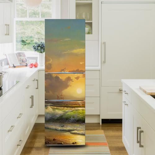 Fridge Wraps Kitchen Fridge Stickers Cover Full Doors, Fridge Sticker Full Covering Door Fridge Covers Decor, Freezer Skins Wall Stickers for Kitchen Decal, Sea Wave Sailboat Sunset Scenery